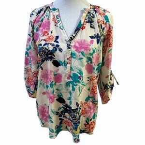 Yumi Kim 100% Silk Blouse Womens XS Floral Bird Tie Sleeve Asian Mandarin Collar